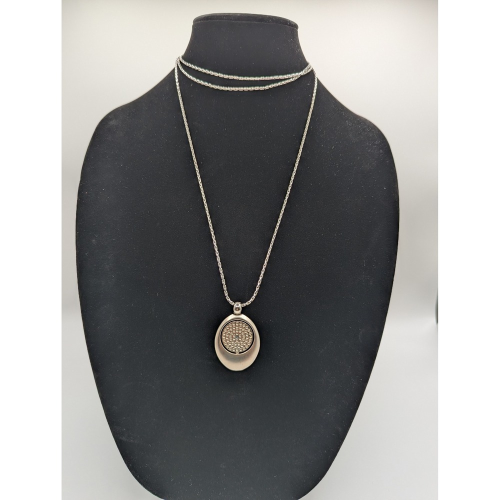 Talbots Silver Tone Oval Dimpled Pendant Long Popcorn Chain Necklace Rhinestone